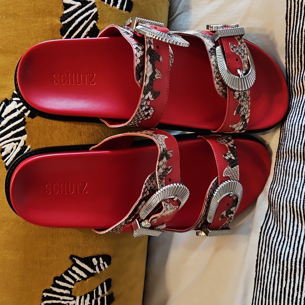 Schutz Red Sandals with Snake Print Size 9.5 - Picture 2 of 4